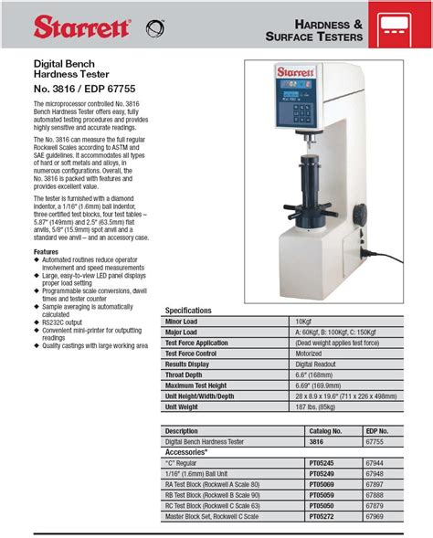 Starrett Automatic Digital Rockwell Hardness Tester 3816B 